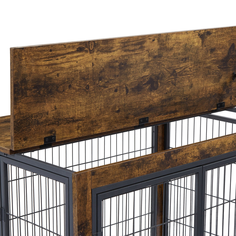 Rustic Brown Dog Crate Side Table with Wheels & Lift Top