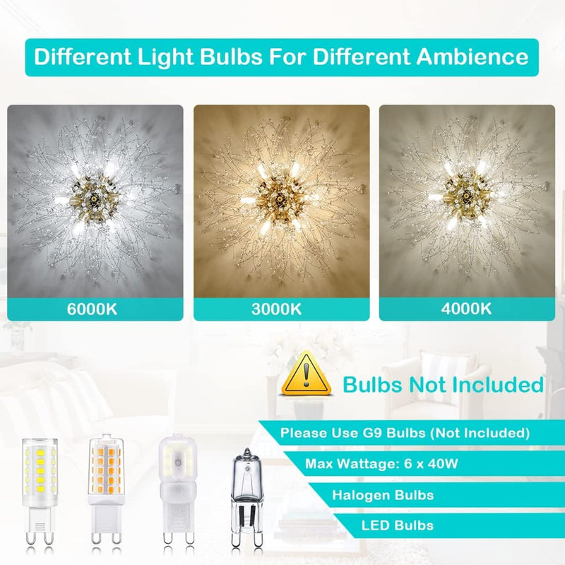 Modern Gold Crystal Sputnik Ceiling Light, LED Flush Mount Lamp