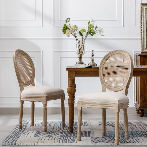 French Country Wood & Rattan Dining Chairs, Set of 2
