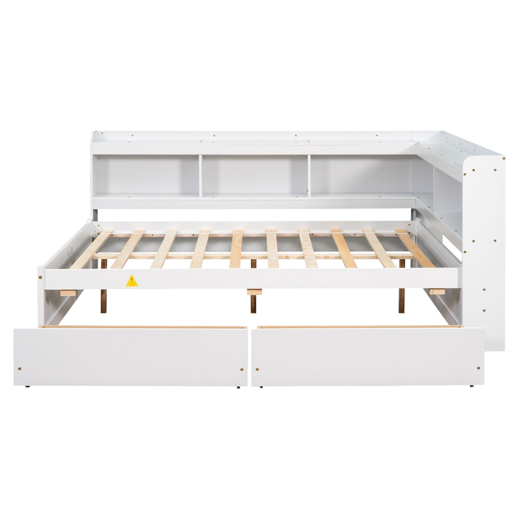 Full Bed with L-Shaped Bookcases & Storage Drawers - White