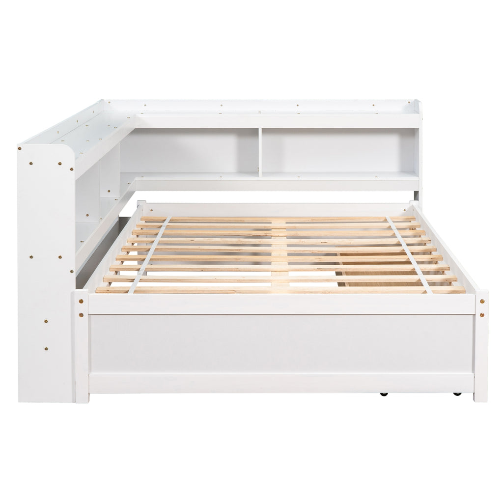 Full Bed with L-Shaped Bookcases & Storage Drawers - White