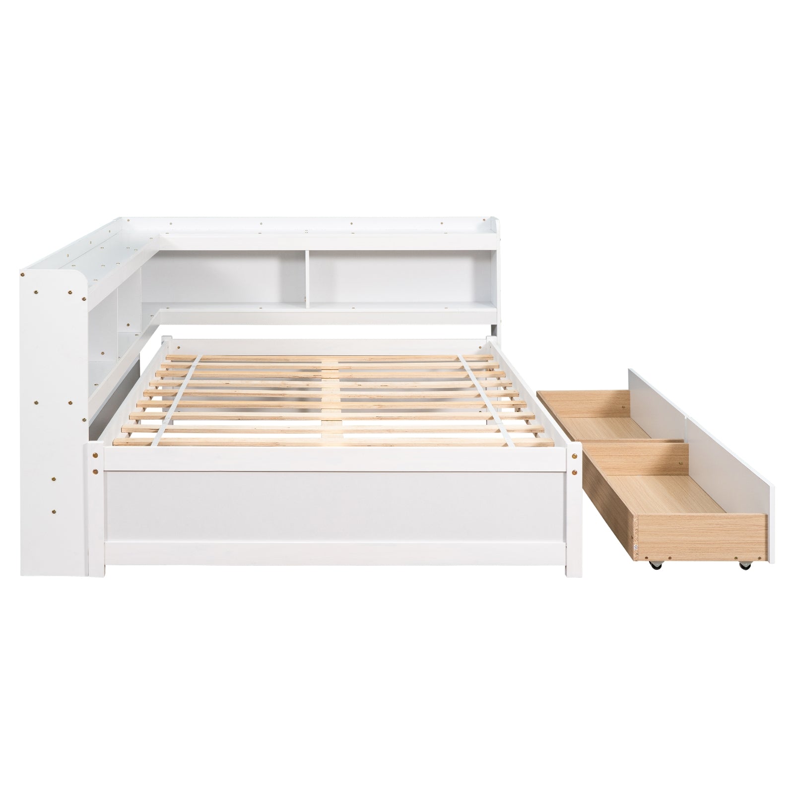 Full Bed with L-Shaped Bookcases & Storage Drawers - White