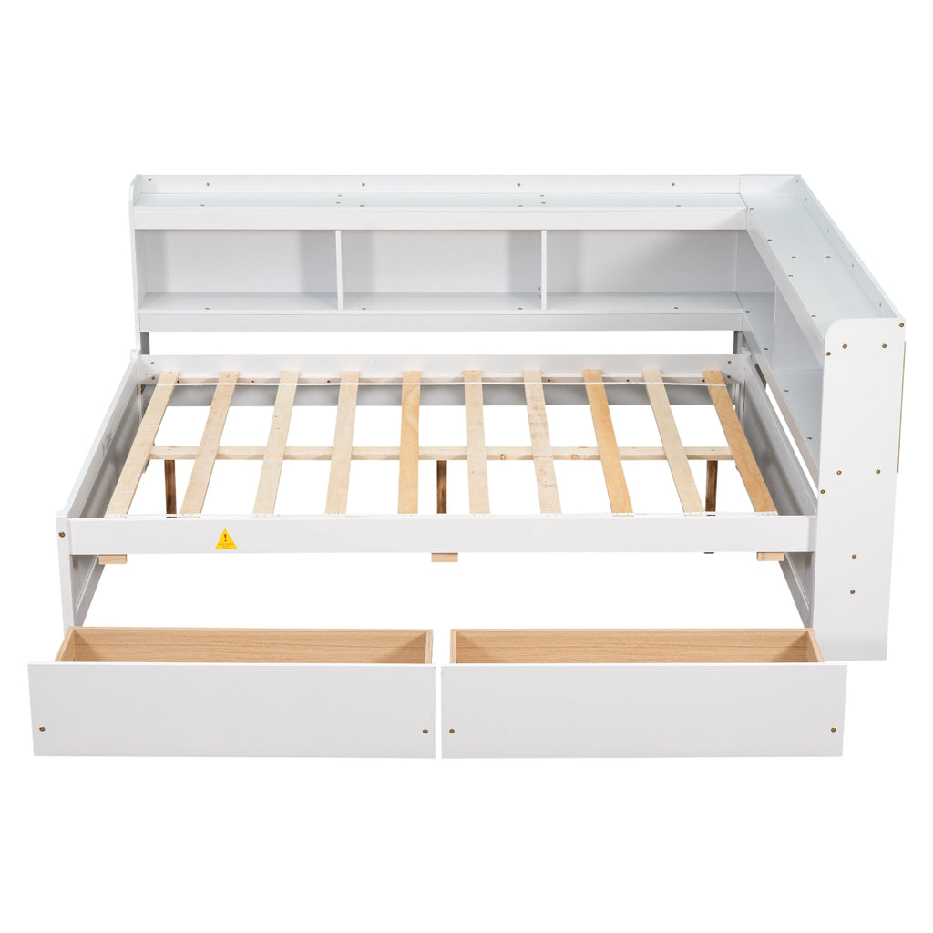 Full Bed with L-Shaped Bookcases & Storage Drawers - White