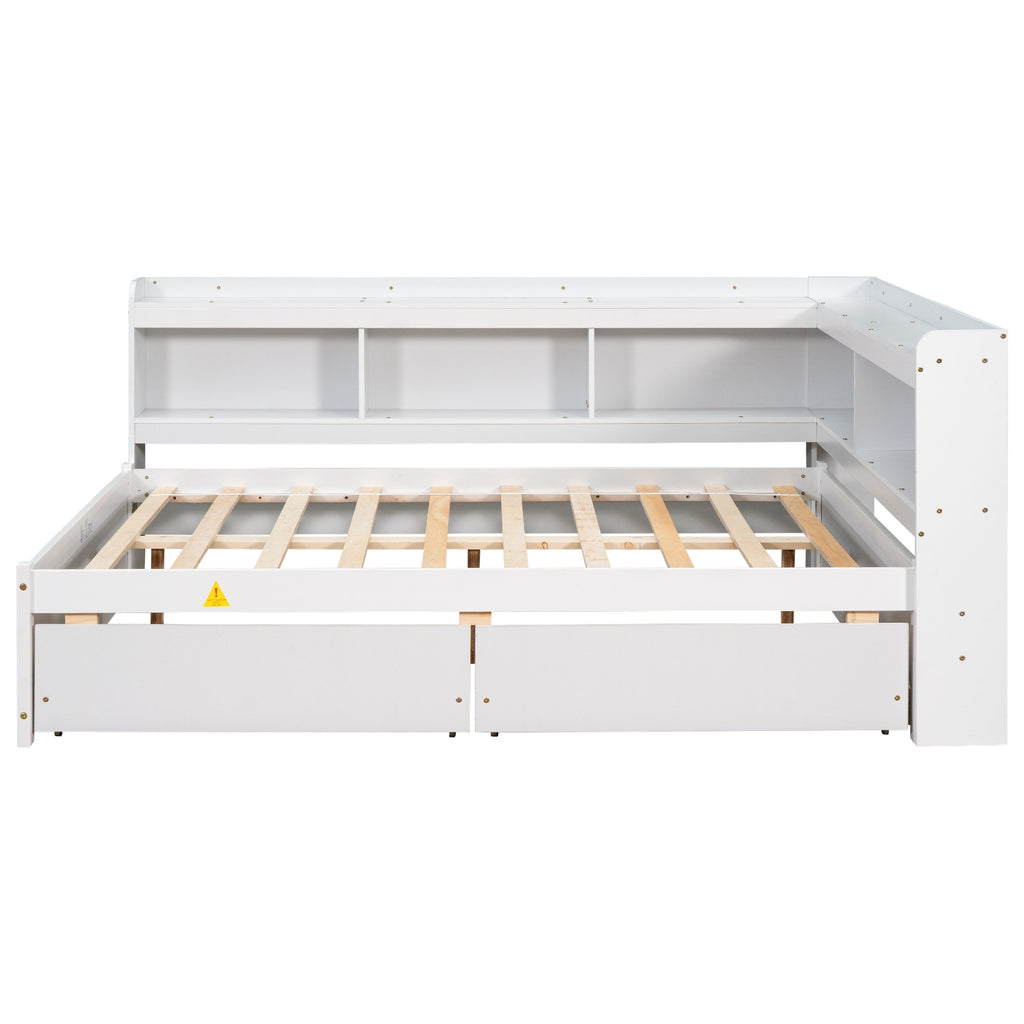 Full Bed with L-Shaped Bookcases & Storage Drawers - White
