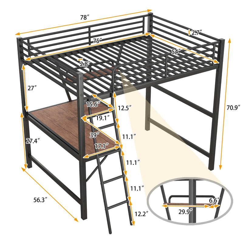 Full Size Loft Bed with Desk & Shelf - Black Metal Frame