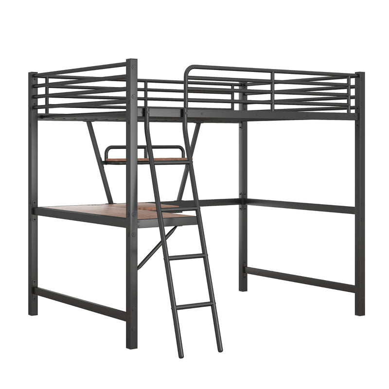 Full Size Loft Bed with Desk & Shelf - Black Metal Frame