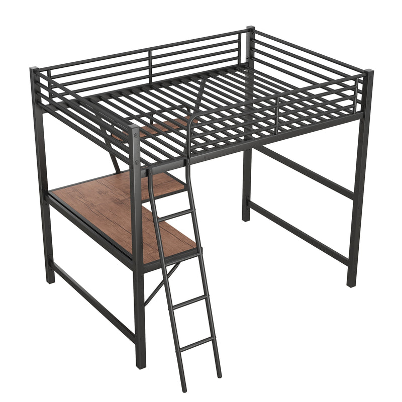 Full Size Loft Bed with Desk & Shelf - Black Metal Frame