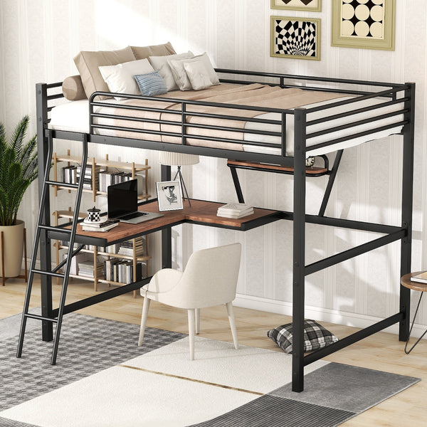 Full Size Loft Bed with Desk & Shelf - Black Metal Frame