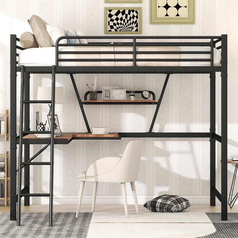 Full Size Loft Bed with Desk & Shelf - Black Metal Frame