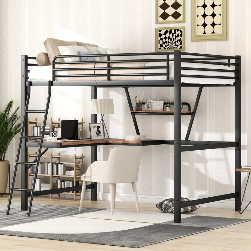 Full Size Loft Bed with Desk & Shelf - Black Metal Frame