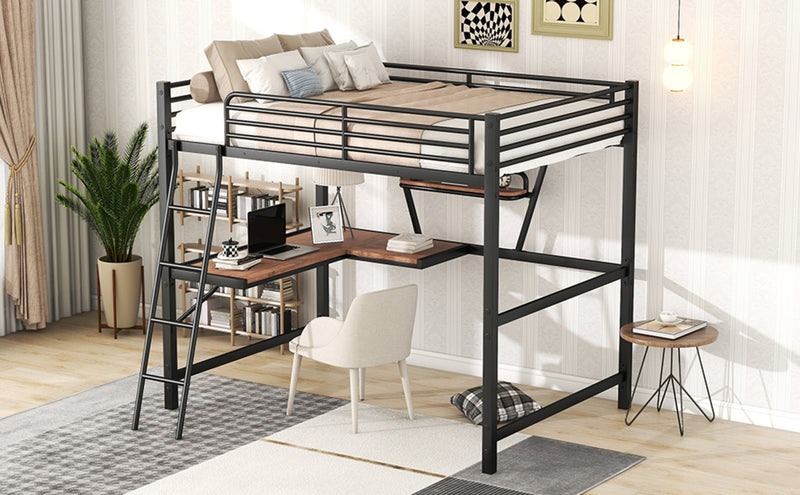 Full Size Loft Bed with Desk & Shelf - Black Metal Frame