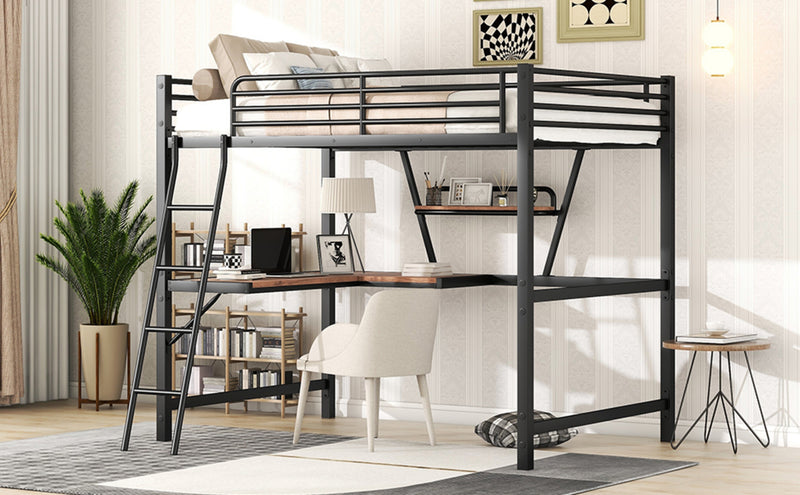Full Size Loft Bed with Desk & Shelf - Black Metal Frame