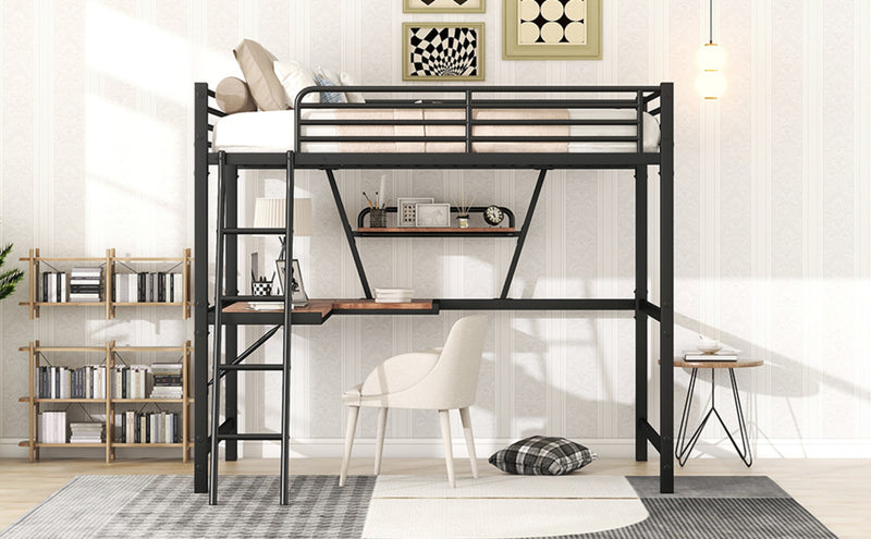 Full Size Loft Bed with Desk & Shelf - Black Metal Frame