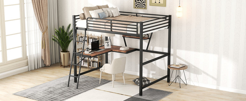 Full Size Loft Bed with Desk & Shelf - Black Metal Frame