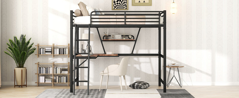 Full Size Loft Bed with Desk & Shelf - Black Metal Frame