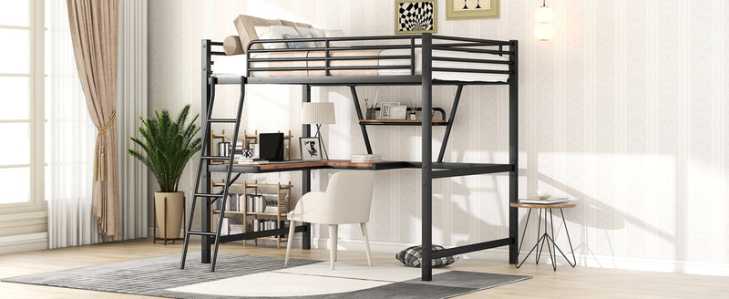 Full Size Loft Bed with Desk & Shelf - Black Metal Frame