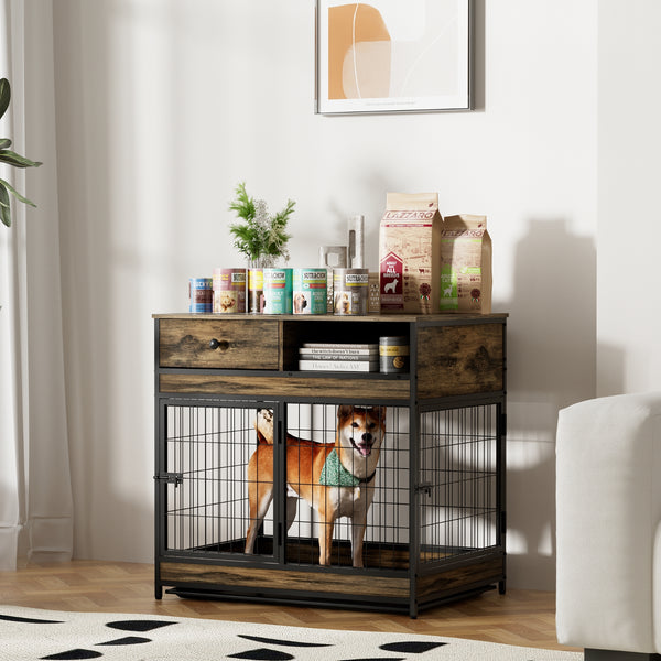 Rustic Brown Wooden Dog Crate with Double Doors, 31.5”