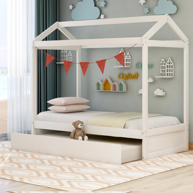 White House Bed with Trundle – Kids Wooden Twin Bed Frame