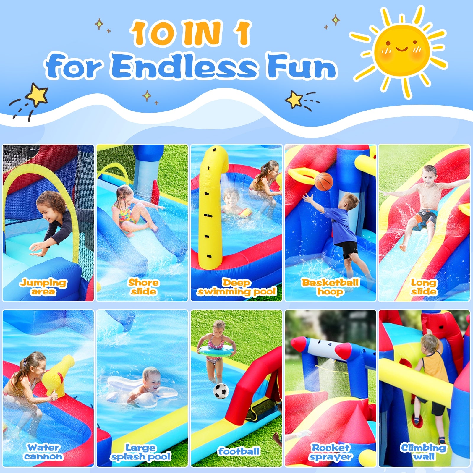 10-in-1 Inflatable Water Park with Slide & Bounce House