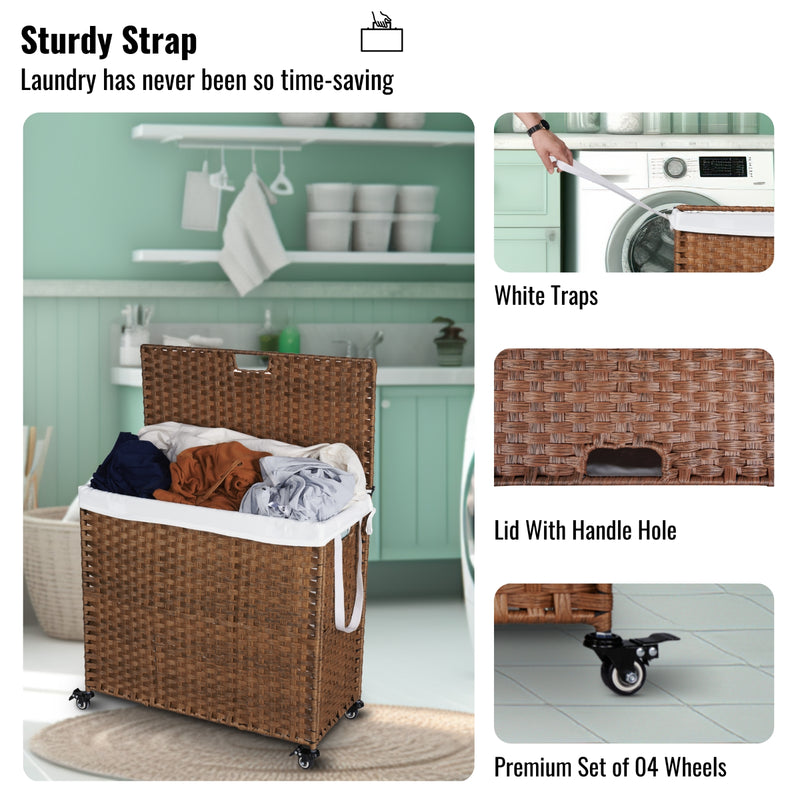 Laundry Hamper with Lid & Wheels, 2 Bags, Rattan