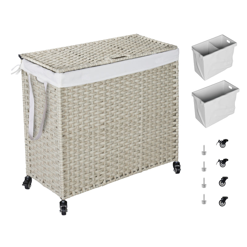 Laundry Hamper with Lid & Wheels, 2 Bags, Rattan