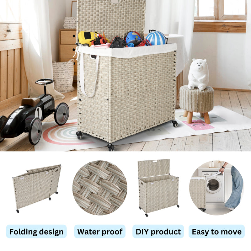 Laundry Hamper with Lid & Wheels, 2 Bags, Rattan