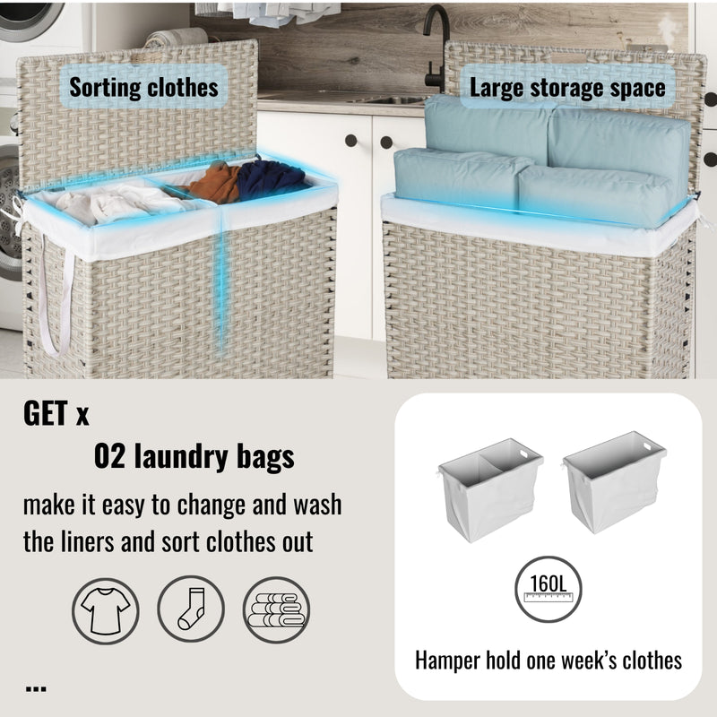 Laundry Hamper with Lid & Wheels, 2 Bags, Rattan