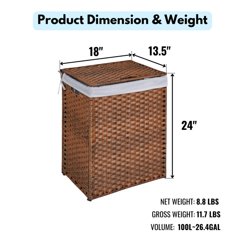 100L Laundry Hamper with Lid & Removable Bags - PE Rattan