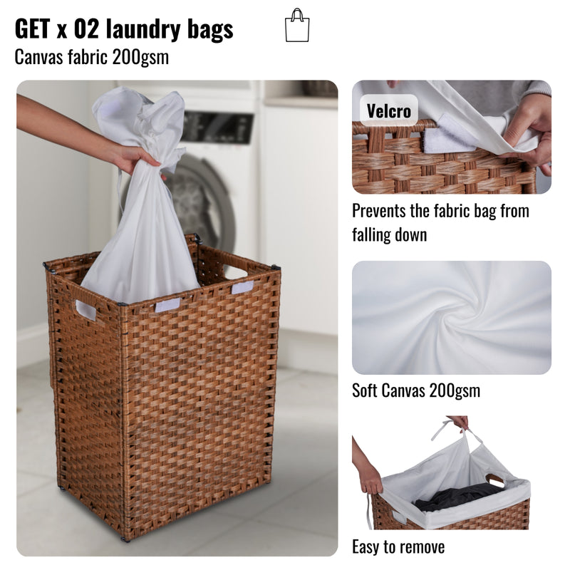 100L Laundry Hamper with Lid & Removable Bags - PE Rattan