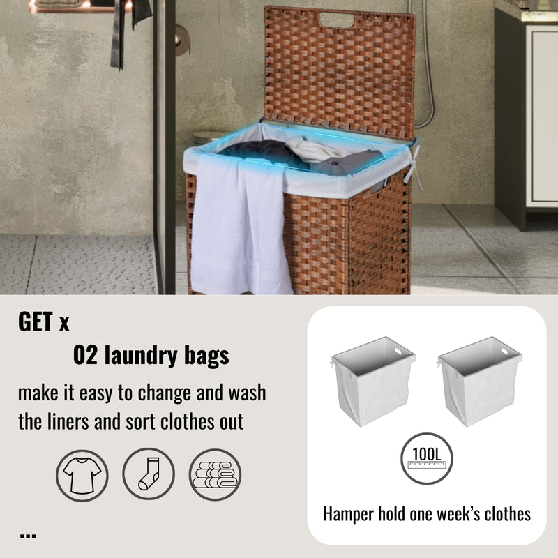 100L Laundry Hamper with Lid & Removable Bags - PE Rattan