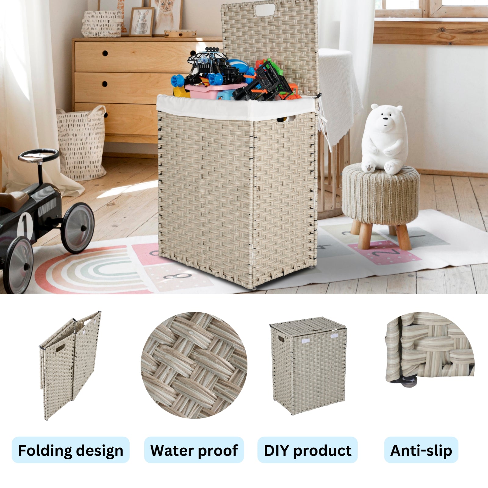 100L Laundry Hamper with Lid & 2 Removable PE Bags