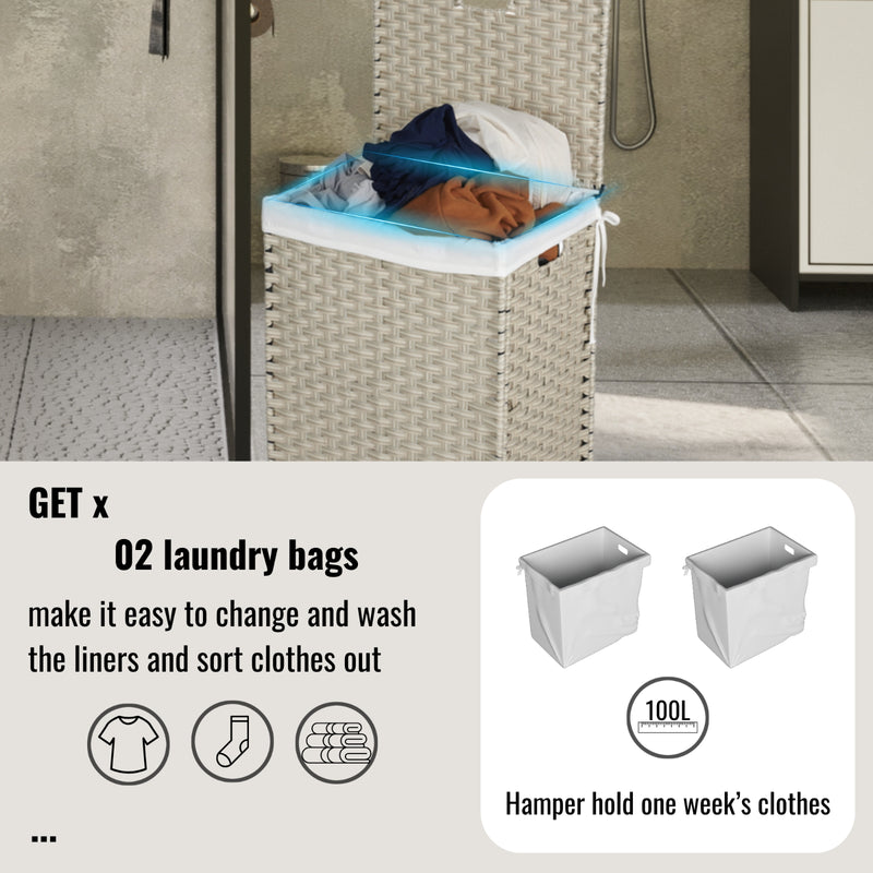 100L Laundry Hamper with Lid & 2 Removable PE Bags
