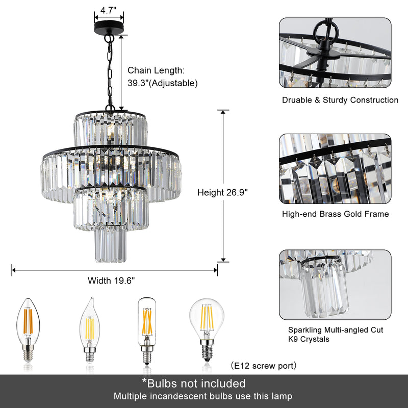 Black Luxury Crystal Chandelier Pendant Light Fixture for Modern Spaces