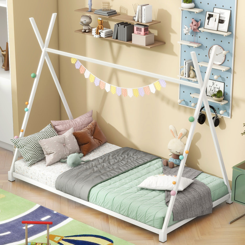 White Metal Twin House Bed Frame with Triangle Design