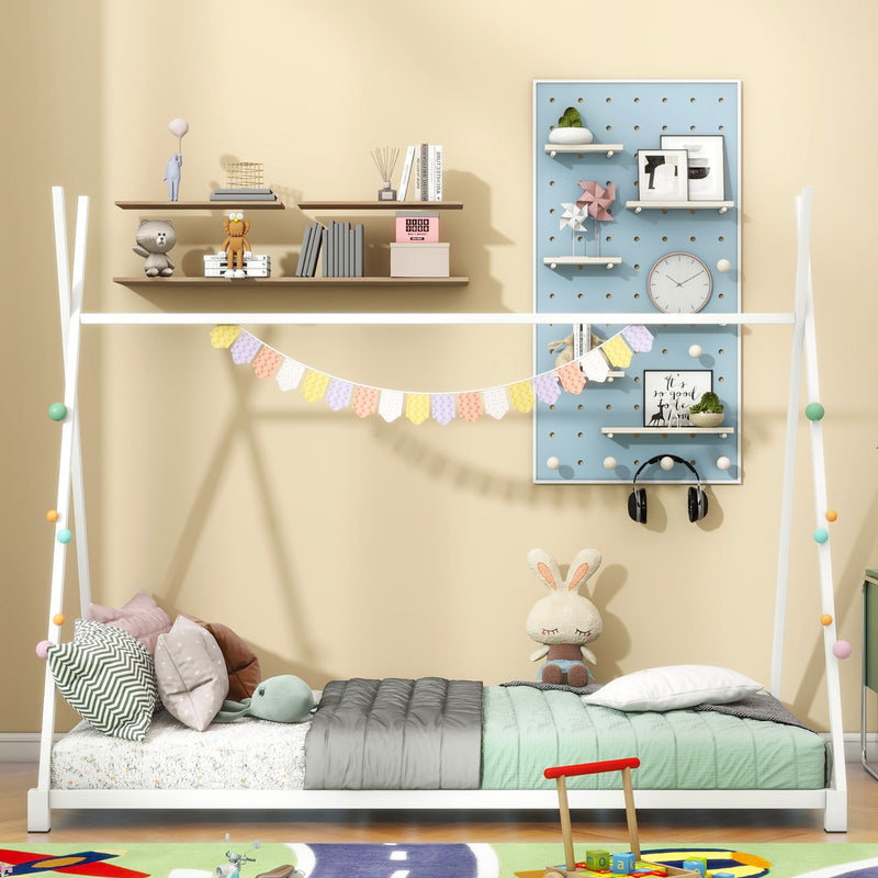 White Metal Twin House Bed Frame with Triangle Design