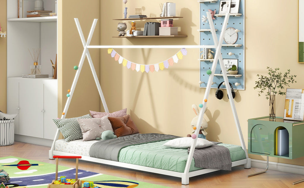 White Metal Twin House Bed Frame with Triangle Design