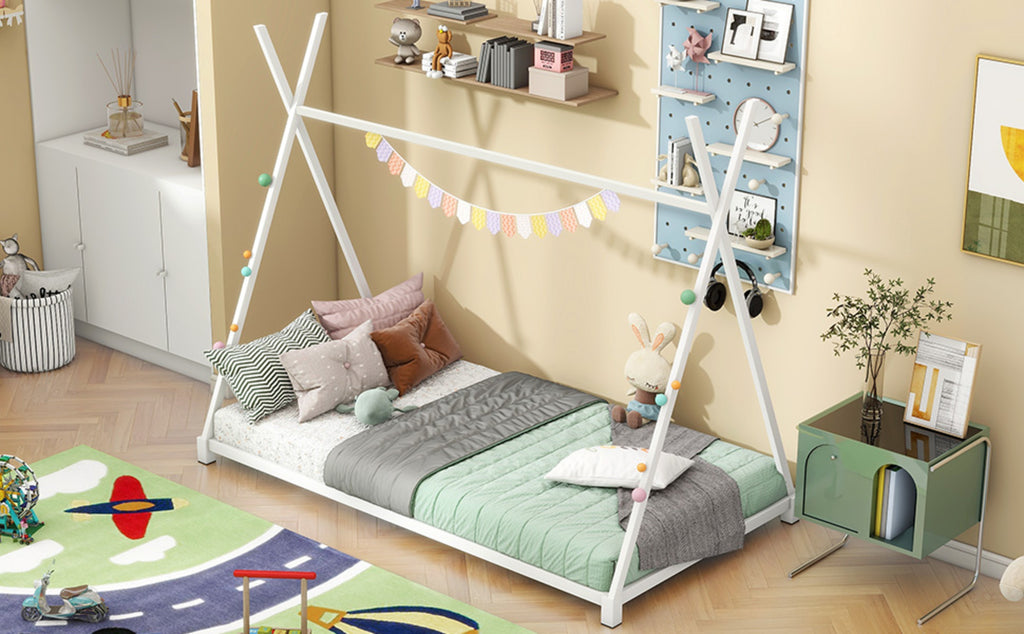 White Metal Twin House Bed Frame with Triangle Design