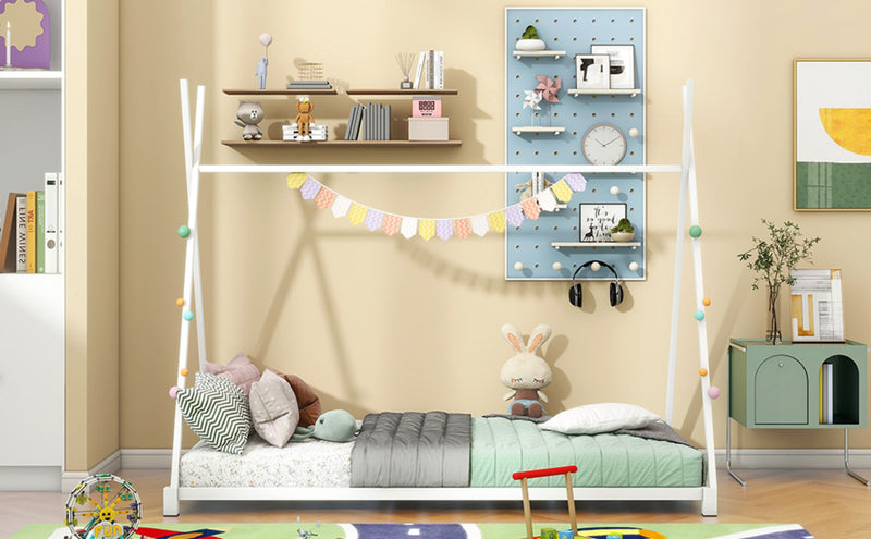 White Metal Twin House Bed Frame with Triangle Design
