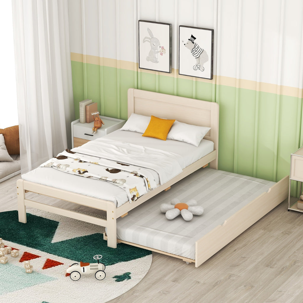 Twin Size Platform Bed with Trundle, White Wash