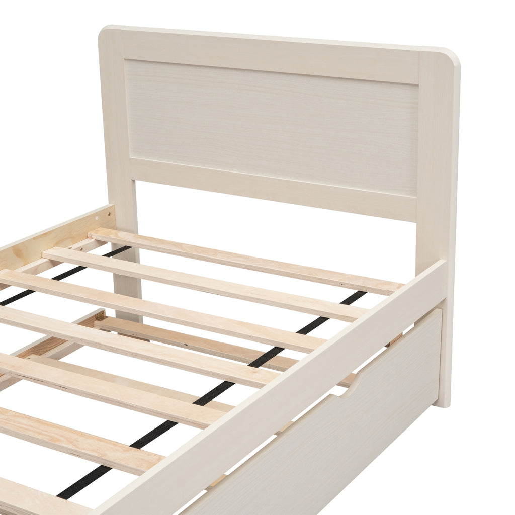 Twin Size Platform Bed with Trundle, White Wash