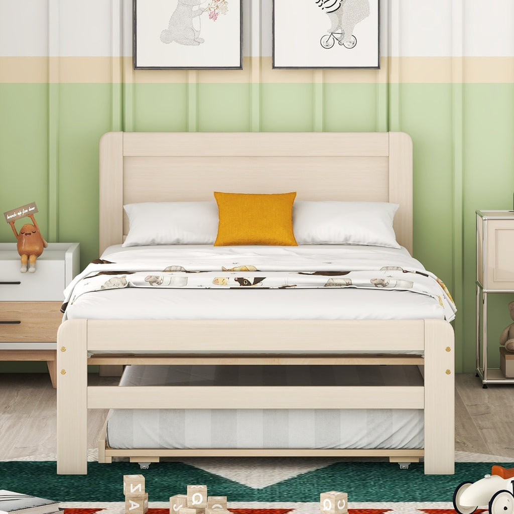 Twin Size Platform Bed with Trundle, White Wash