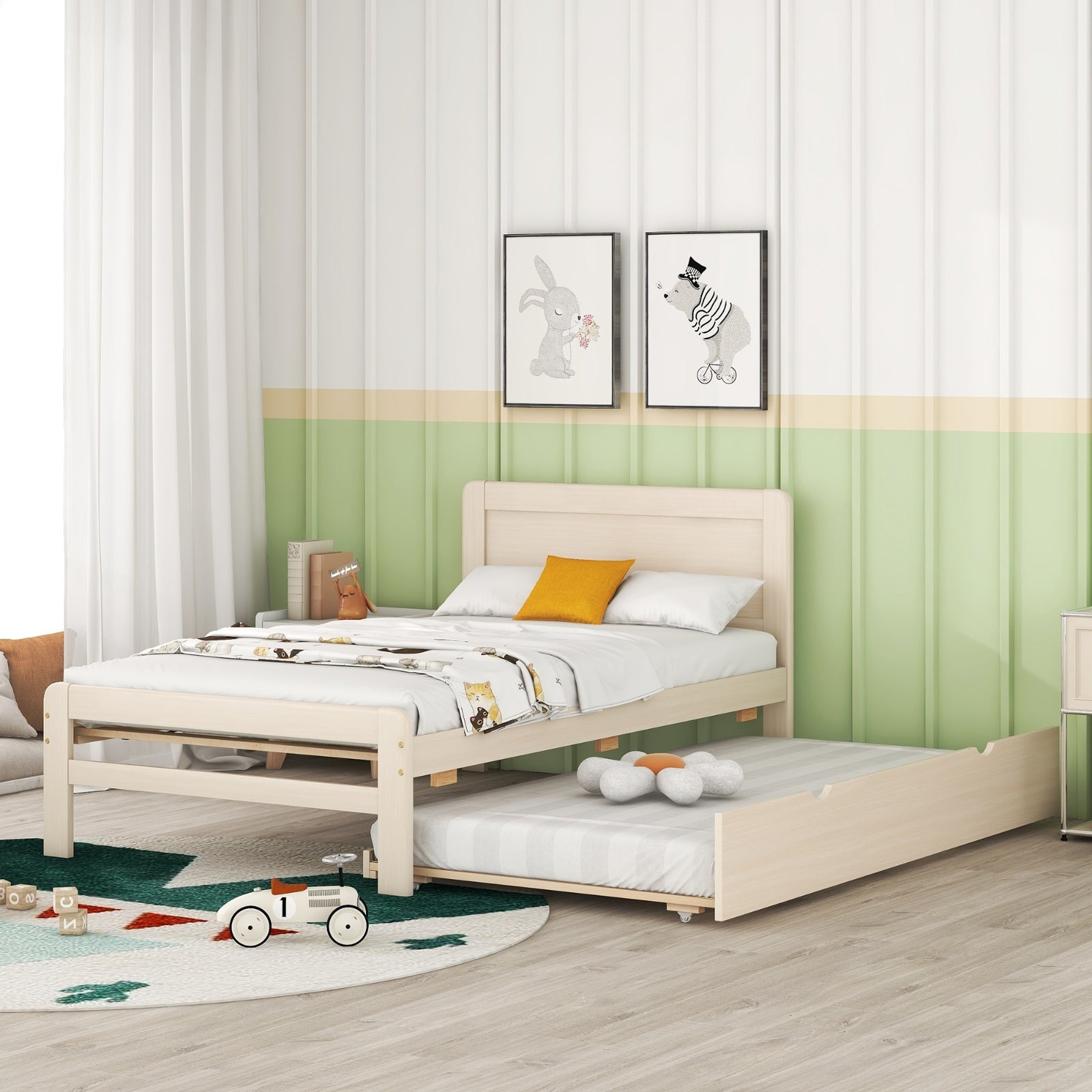 Twin Size Platform Bed with Trundle, White Wash
