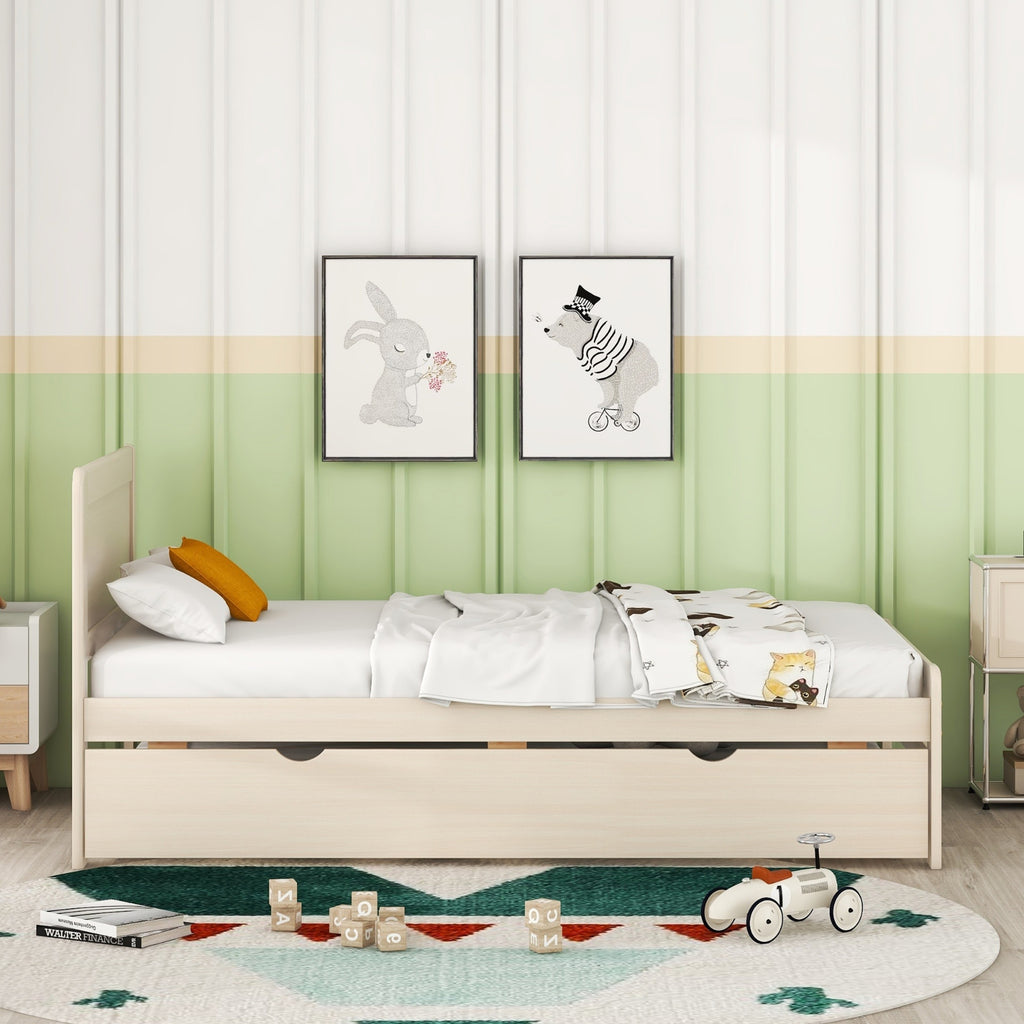 Twin Size Platform Bed with Trundle, White Wash