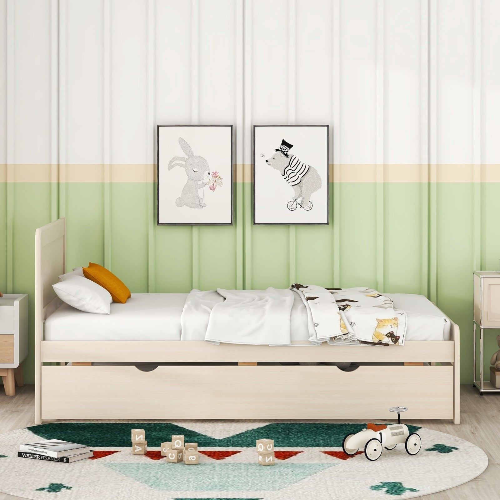 Twin Size Platform Bed with Trundle, White Wash