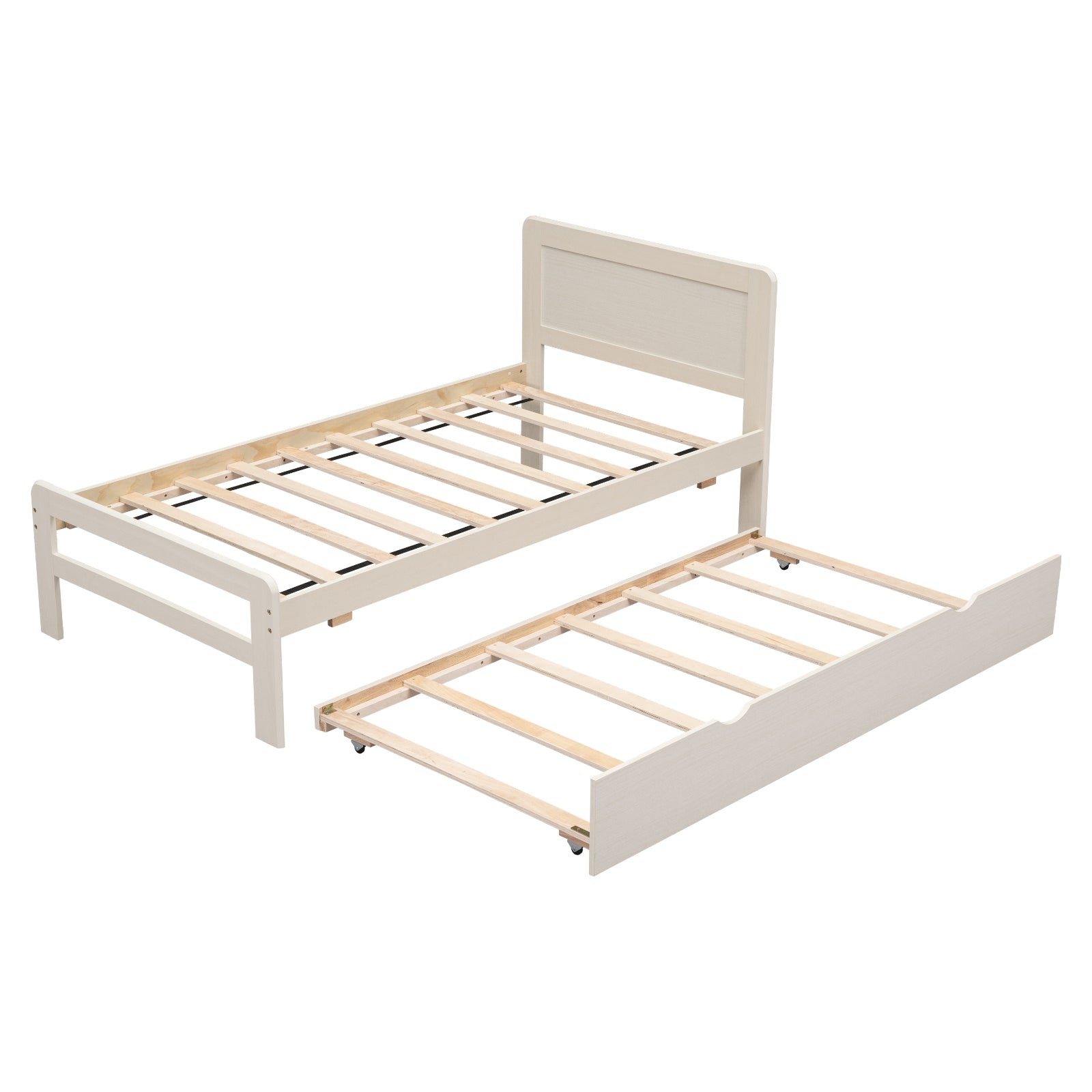 Twin Size Platform Bed with Trundle, White Wash