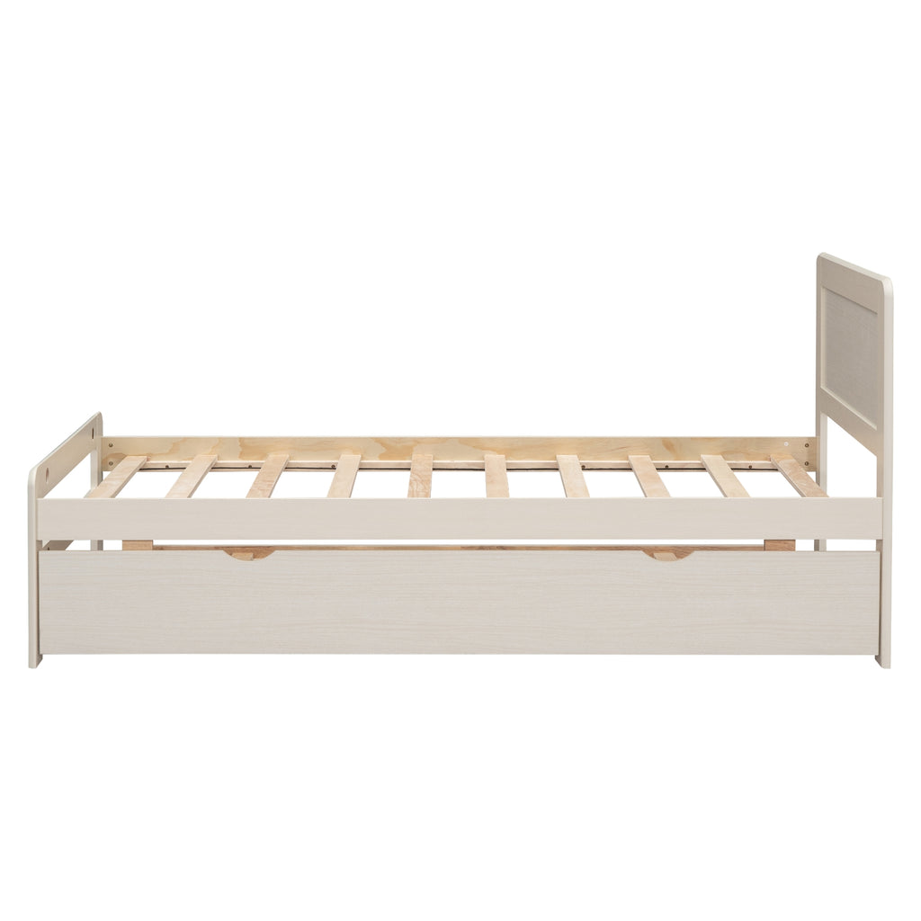 Twin Size Platform Bed with Trundle, White Wash