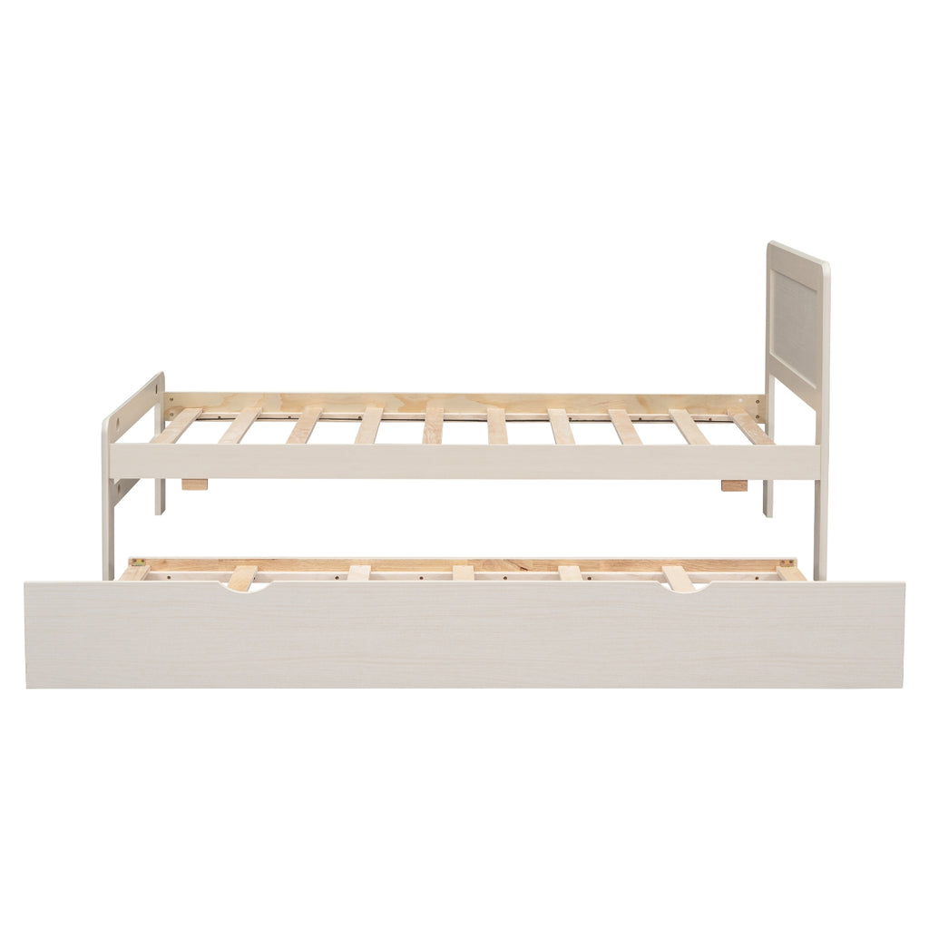 Twin Size Platform Bed with Trundle, White Wash