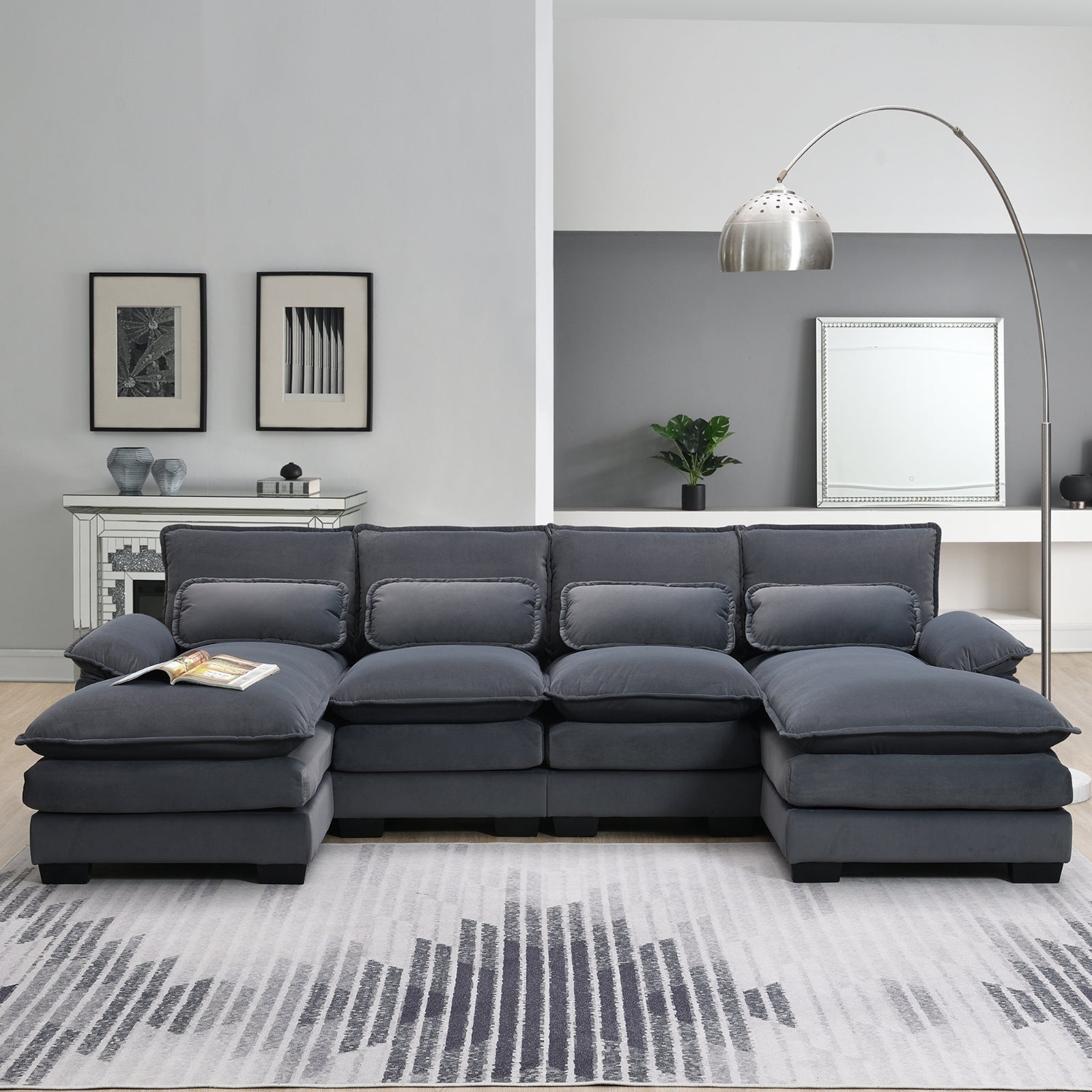 Modern U-Shaped Sectional Sofa, 6-Seat with Pillows