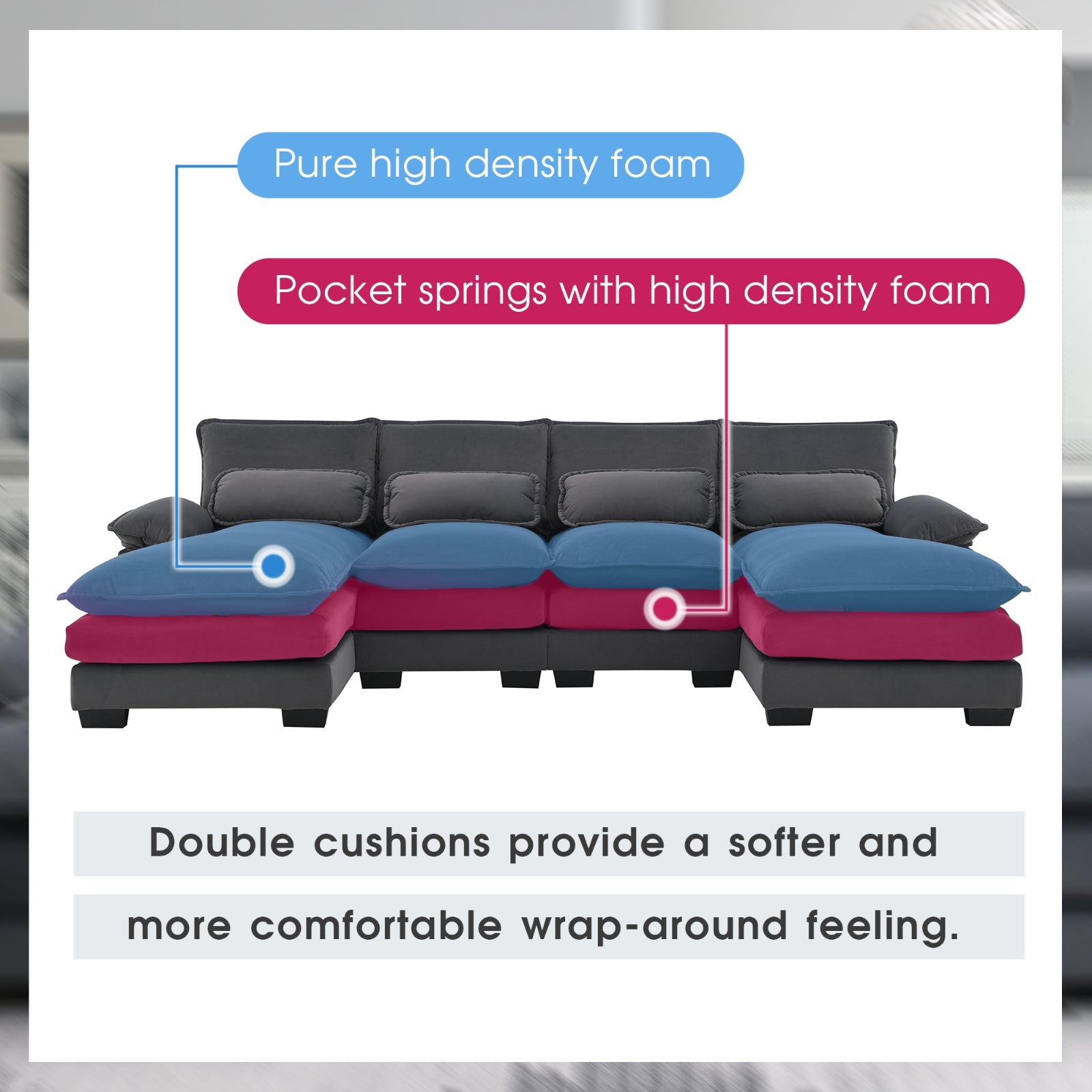 Modern U-Shaped Sectional Sofa, 6-Seat with Pillows