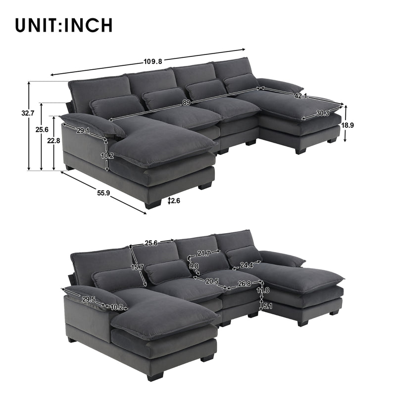 Modern U-Shaped Sectional Sofa, 6-Seat with Pillows